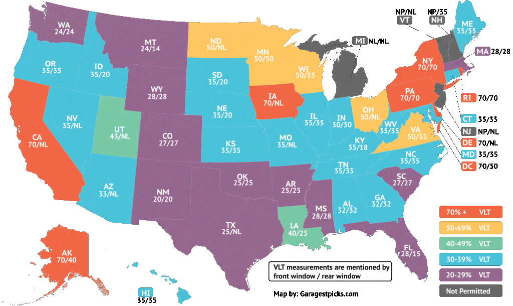 Map of Window tint VLT% United States USA How dark can you go vlt chart