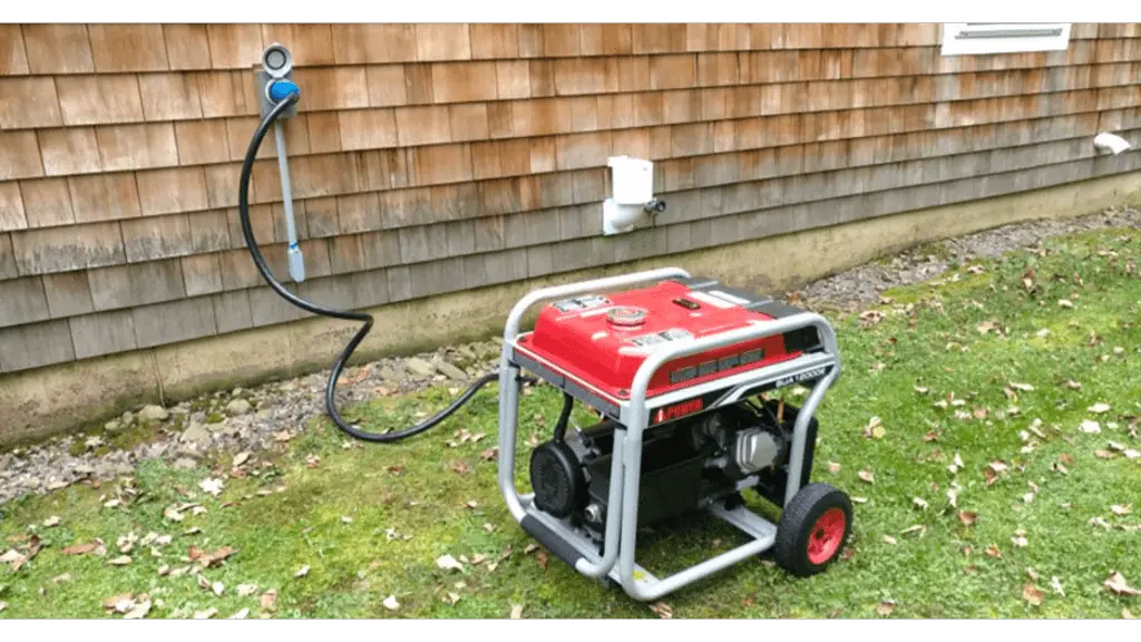 Portable generator connected to brown house on the grass